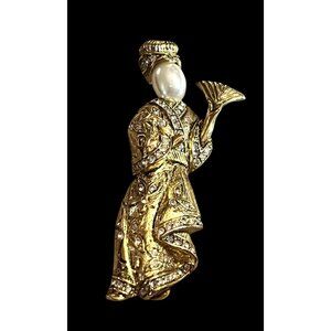 Vintage "NLH" Geisha Gold-Tone Brooch With Faux Pearl Face & Rhinestone Accents